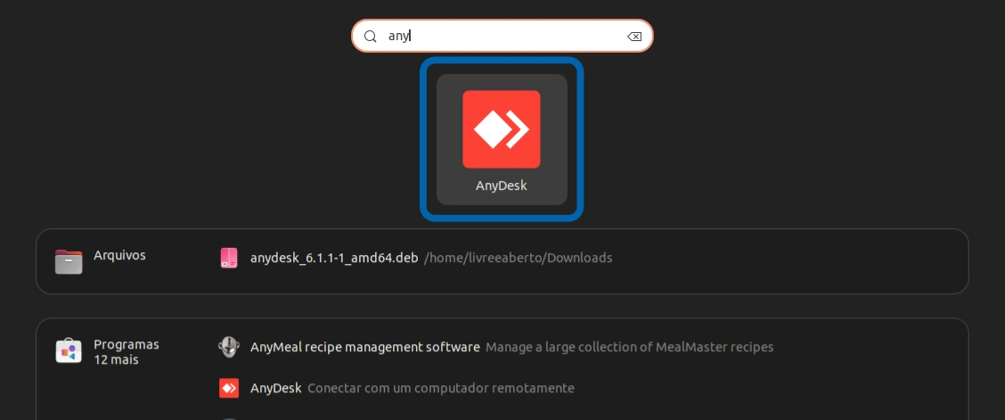Procurando pelo AnyDesk nas aplicações do Ubuntu