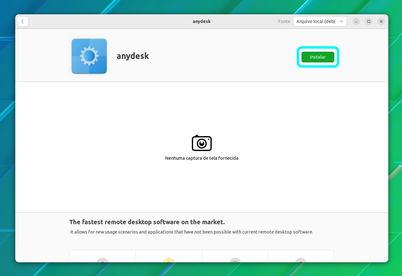 Software Center instalando o AnyDesk no Ubuntu