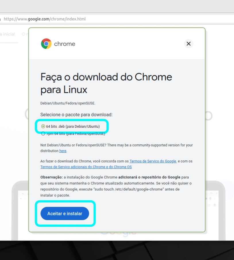 Opções de download do Google Chrome para Linux