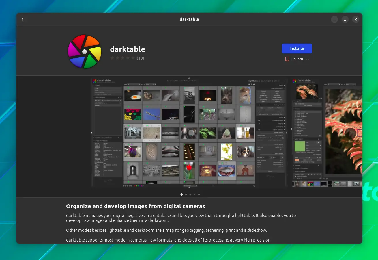 Darktable instalado no Ubuntu Software Center