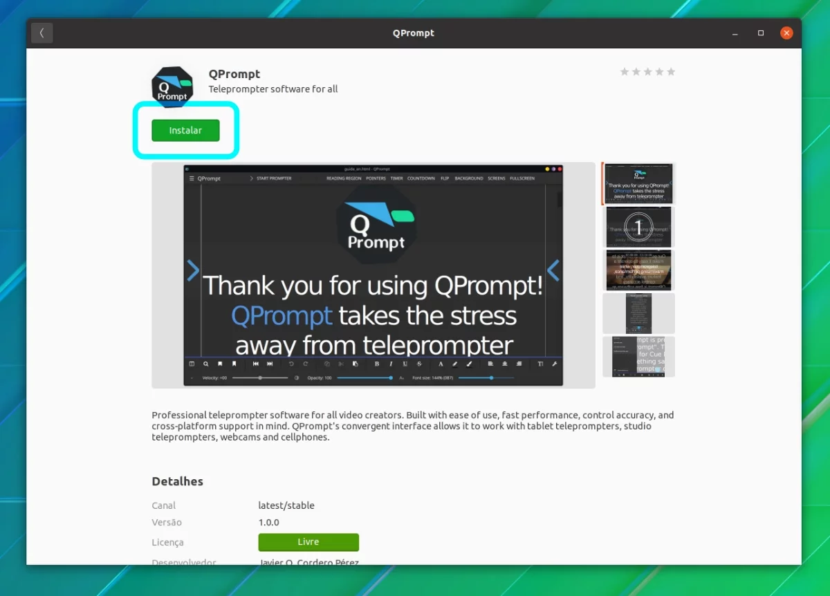 Instalando o QPrompt na Snap Store (Centro de Software)