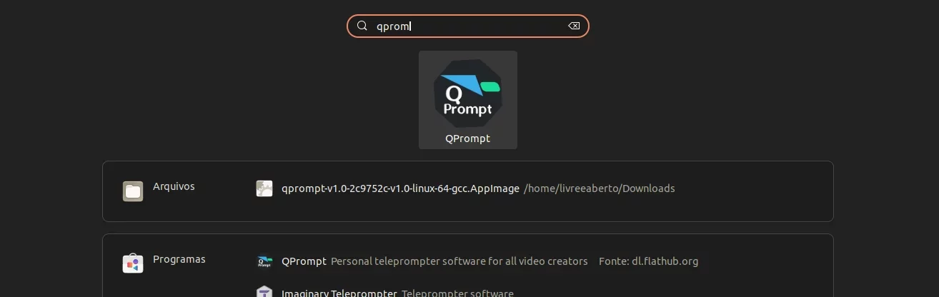 Pesquisando por QPrompt na área de trabalho do GNOME