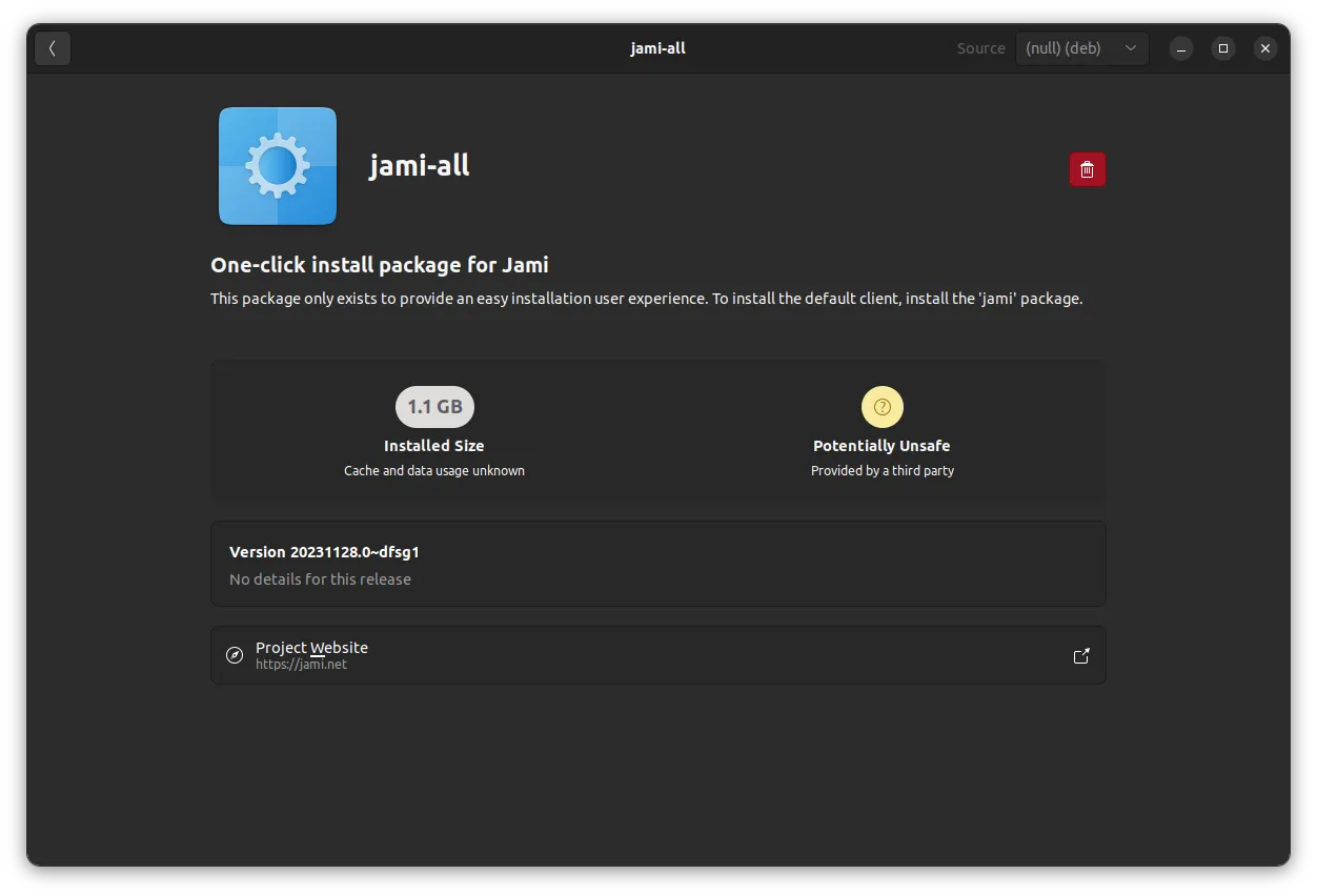 Captura de tela do Jami instalado no Ubuntu usando o pacote deb