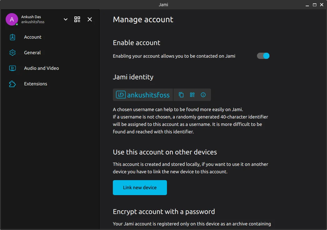 captura de tela das configurações do JAMI
