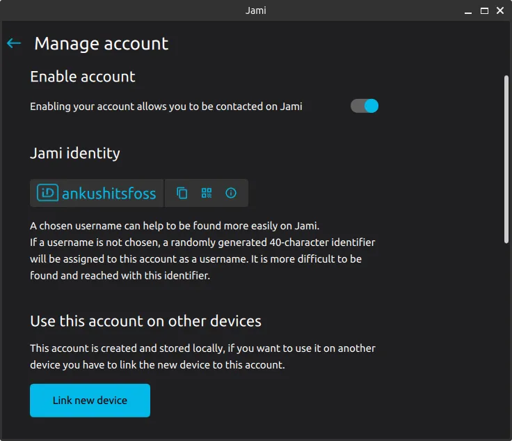 Tela pequena de configurações do Jami