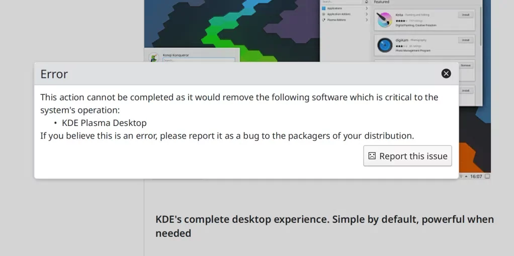O plasma KDE desativa a remoção da área de trabalho de plasma