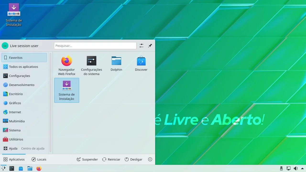 Menu inicial do KDE Plasma 5.24