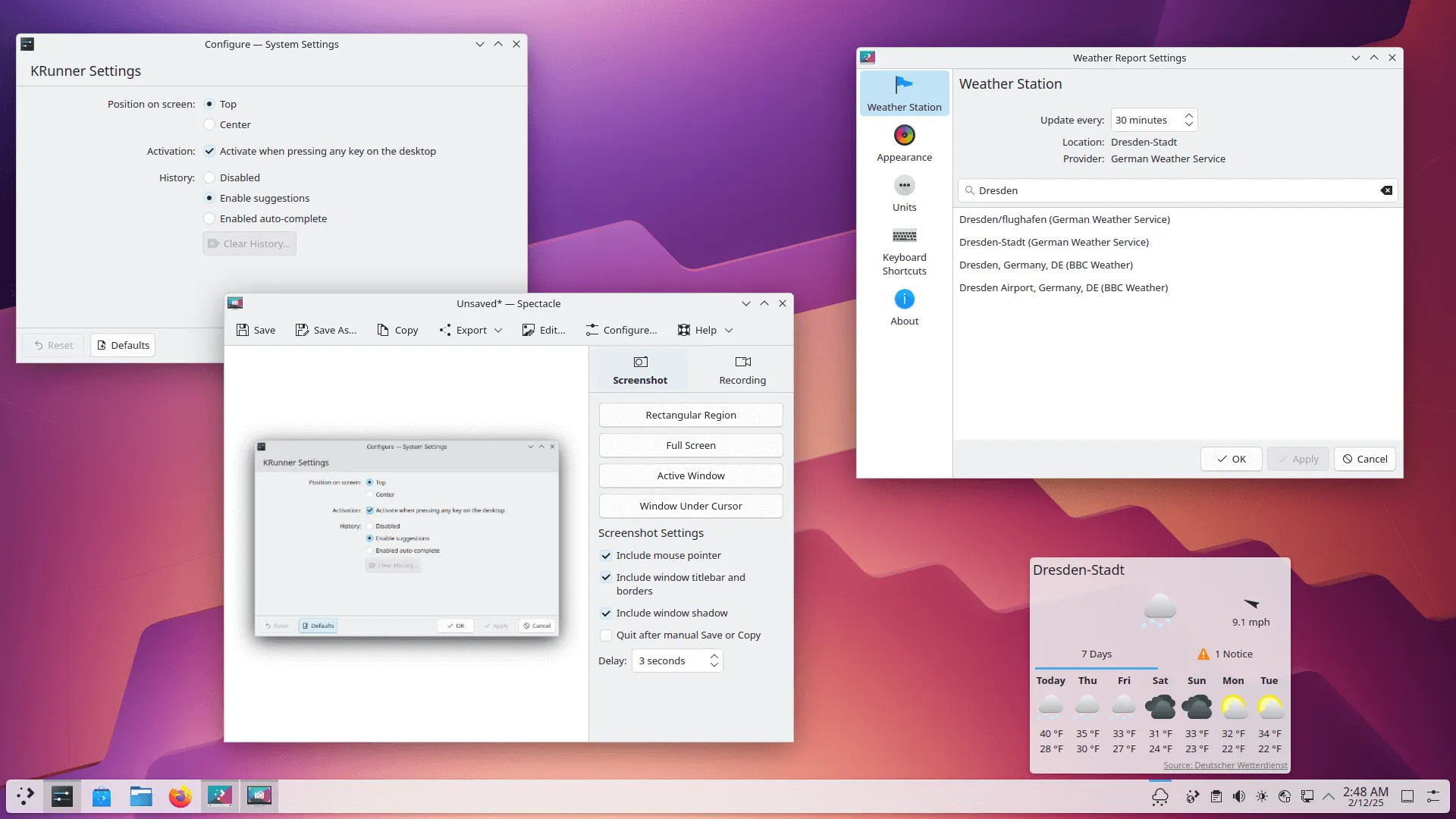 Interface do KDE Plasma 6.3 com o KRunner, utilitário Spectacle e widget de previsão do tempo
