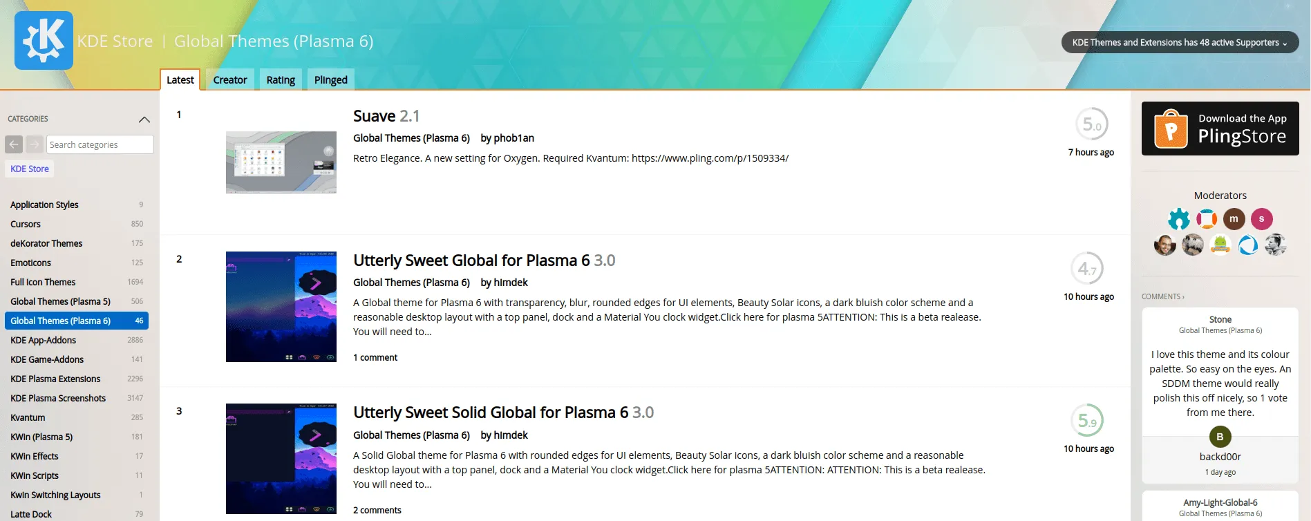Uma captura de tela das páginas de temas globais na loja do KDE
