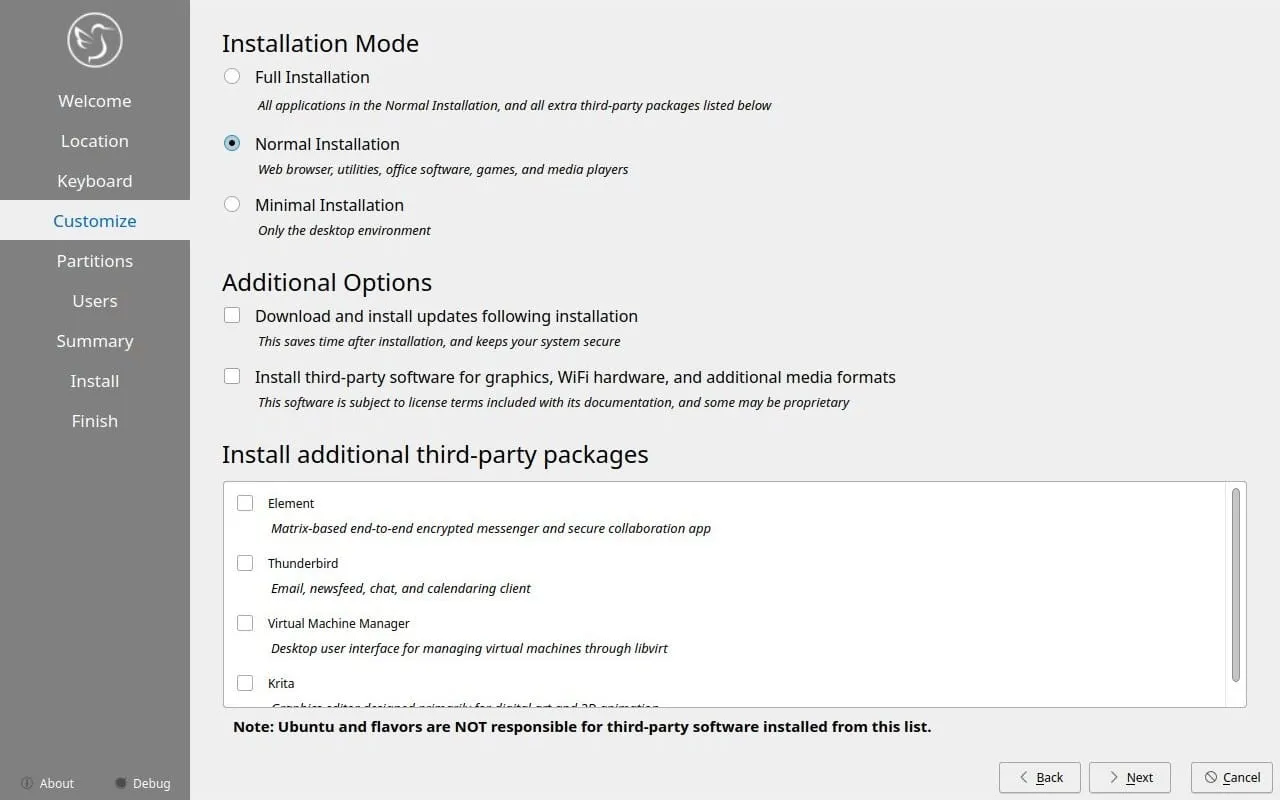 Uma captura de tela das opções do modo de instalação do Kubuntu 24.04 LTS