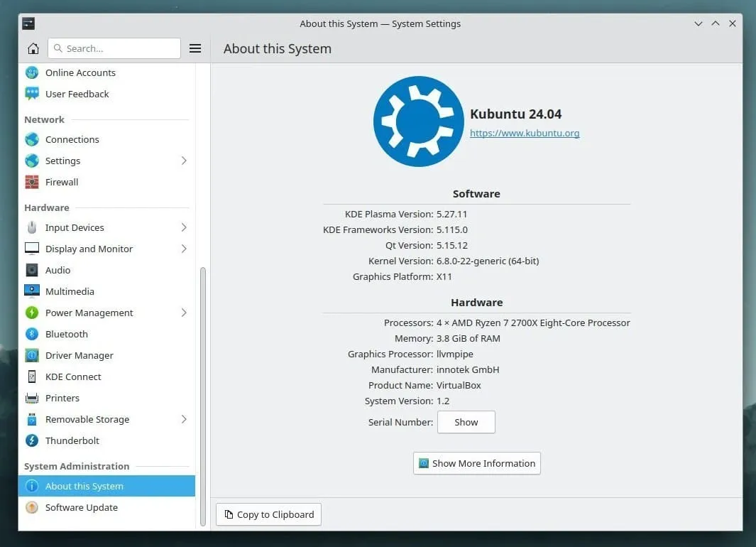 Uma captura de tela do Kubuntu 24.04 LTS sobre informações do sistema