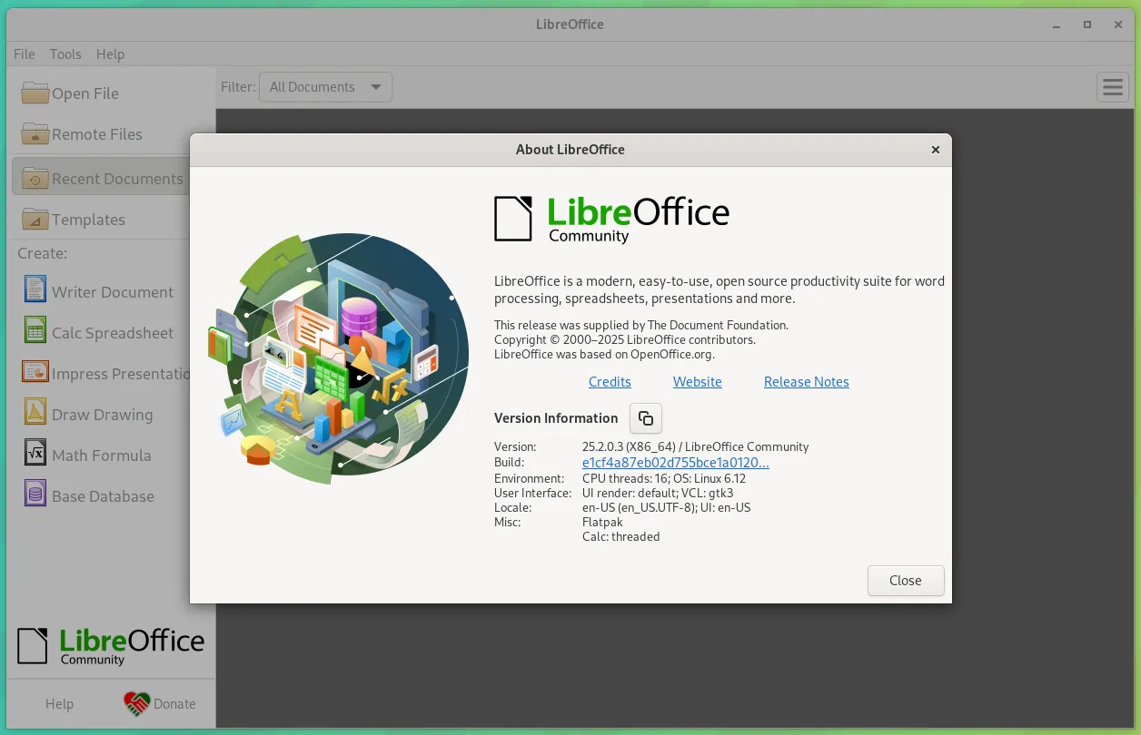 Uma captura de tela que mostra a caixa de diálogo Sobre o LibreOffice 25.2 sendo aberto em um computador com Linux 6.12