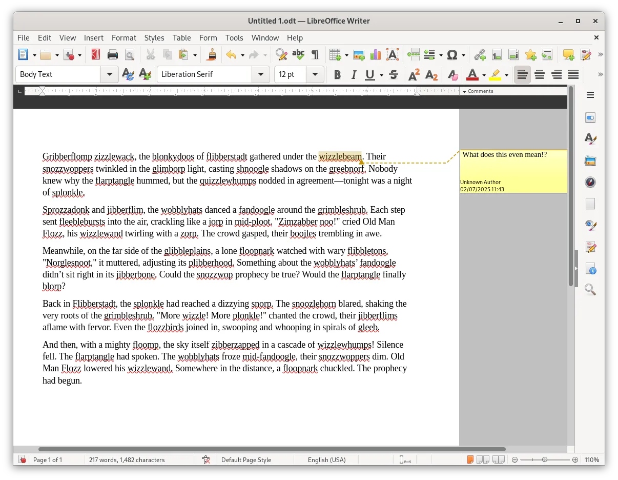 Aplicativo Writer do LibreOffice 25.2 com cinco parágrafos de texto sem sentido com um comentário, uma das palavras sendo mostrada no lado direito