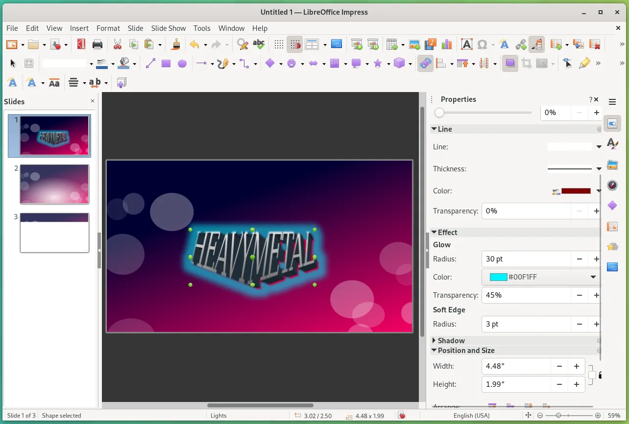 O aplicativo Impress no LibreOffice 25.2 com os novos efeitos Text Glow e Soft Edge em ação