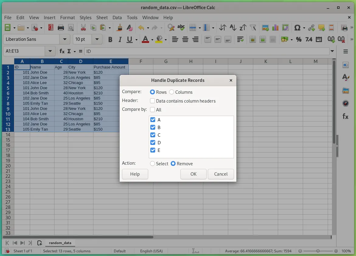 Há uma caixa de diálogo Lidar com registros duplicados aberta no aplicativo LibreOffice 25.2 Calc