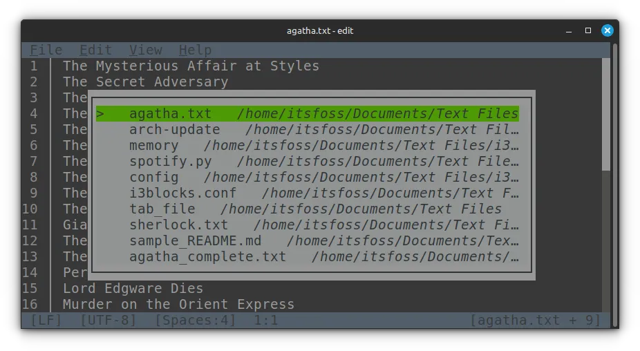 Vários arquivos abertos no MS Edit. Esta captura de tela mostra a guia do alternador de vários arquivos. Todos os arquivos abertos estão listados aqui.