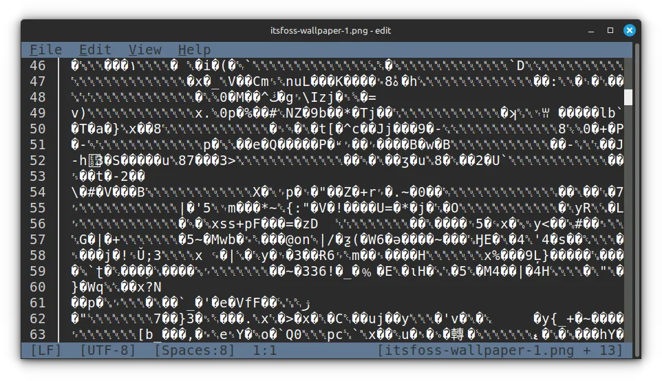 Tentando abrir um arquivo de imagem no MS Edit. Embora mostre o arquivo de imagem no menu, ele não pode abrir o arquivo de imagem de forma viável. Esta captura de tela mostra a saída no MS Edit quando tentamos abrir uma imagem no MS Edit.