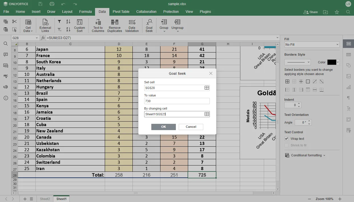 Uma captura de tela do recurso OnlyOffice Docs 8.0 Goal Seek em planilhas