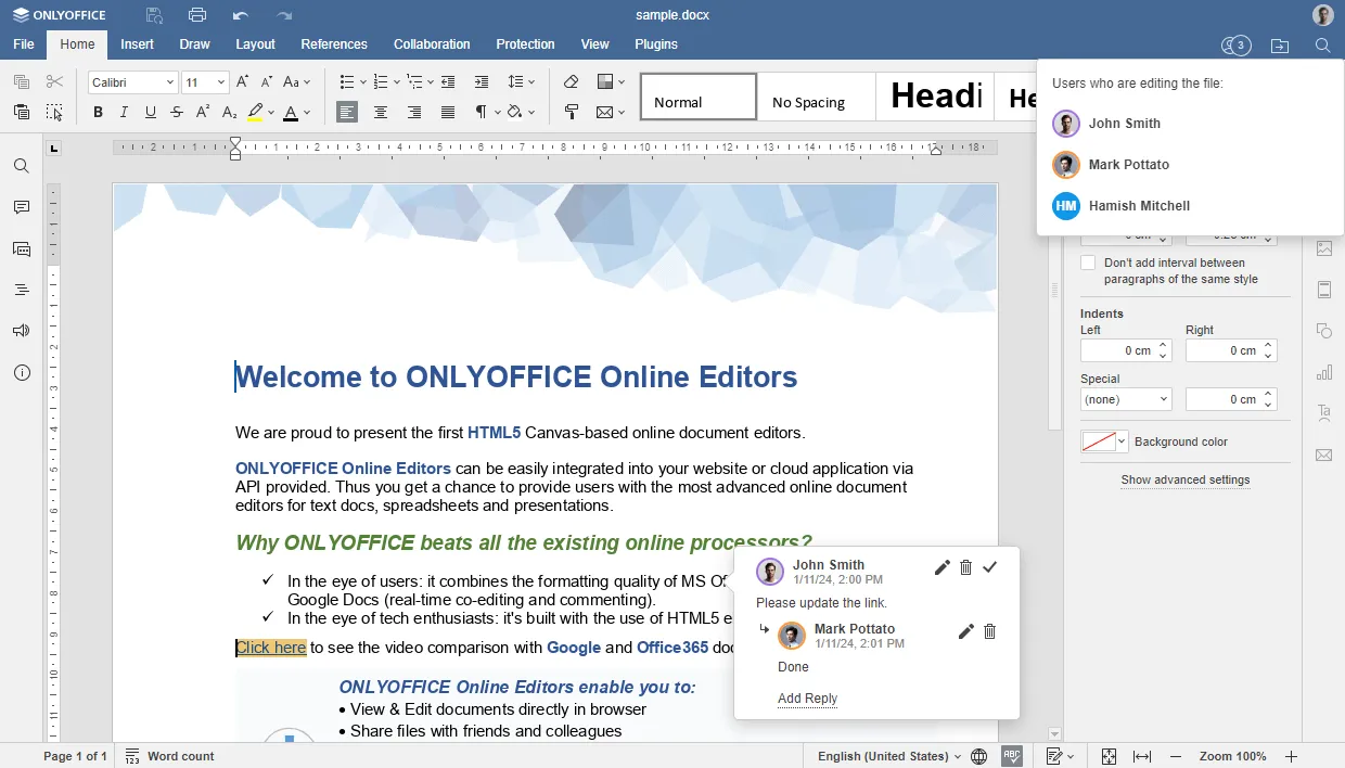 Uma captura de tela dos recursos de colaboração aprimorados do OnlyOffice Docs 8.0
