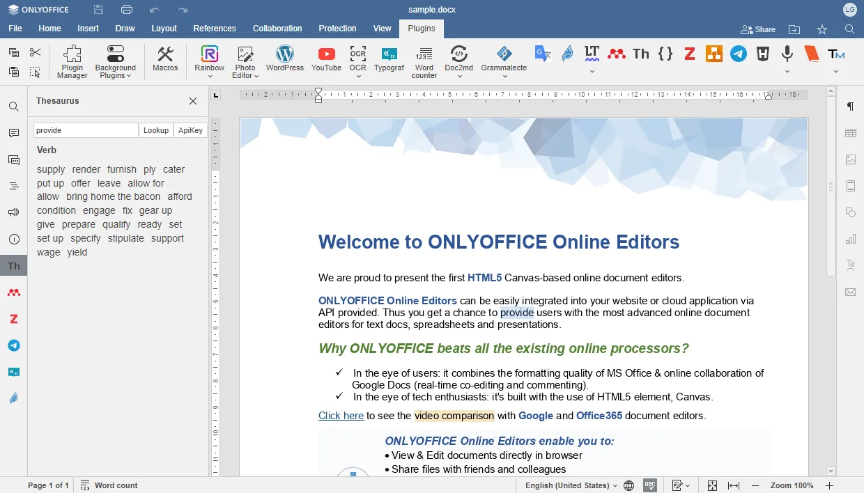 Uma captura de tela da interface de plug-ins atualizada do OnlyOffice Docs 8.0