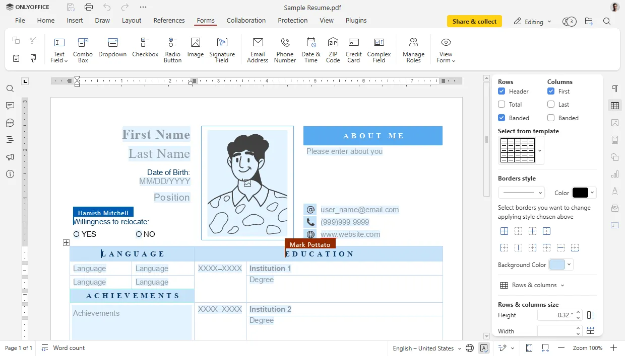 Editor de formulários no ONLYOFFICE