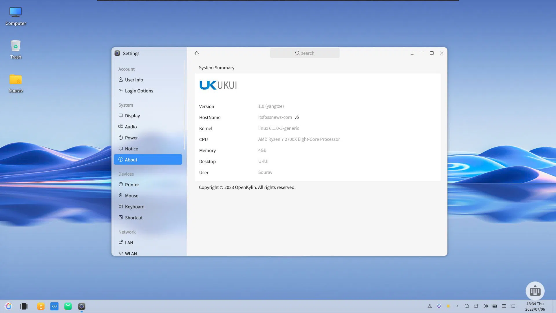 Uma captura de tela da seção Sobre no menu Configurações do OpenKylin