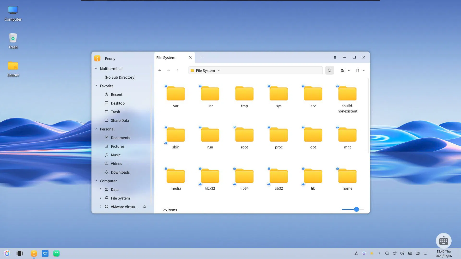 Uma captura de tela do gerenciador de arquivos Peony no OpenKylin