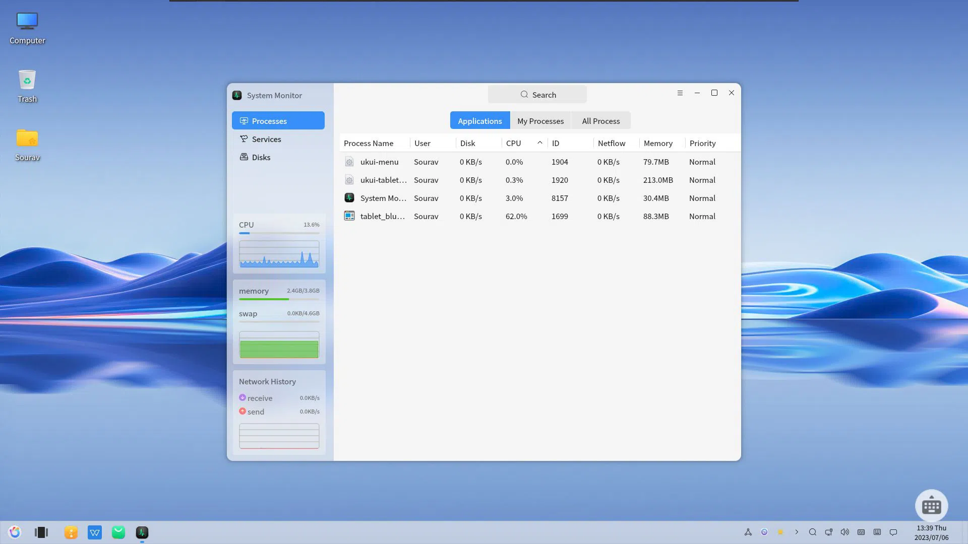 Uma captura de tela do monitor do sistema no OpenKylin