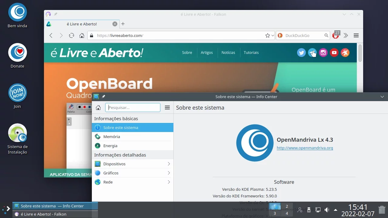 OpenMandriva Lx 7.3 com navegador Falkon mostrando site do livreeaberto.com e janela mostrando informações do sistema