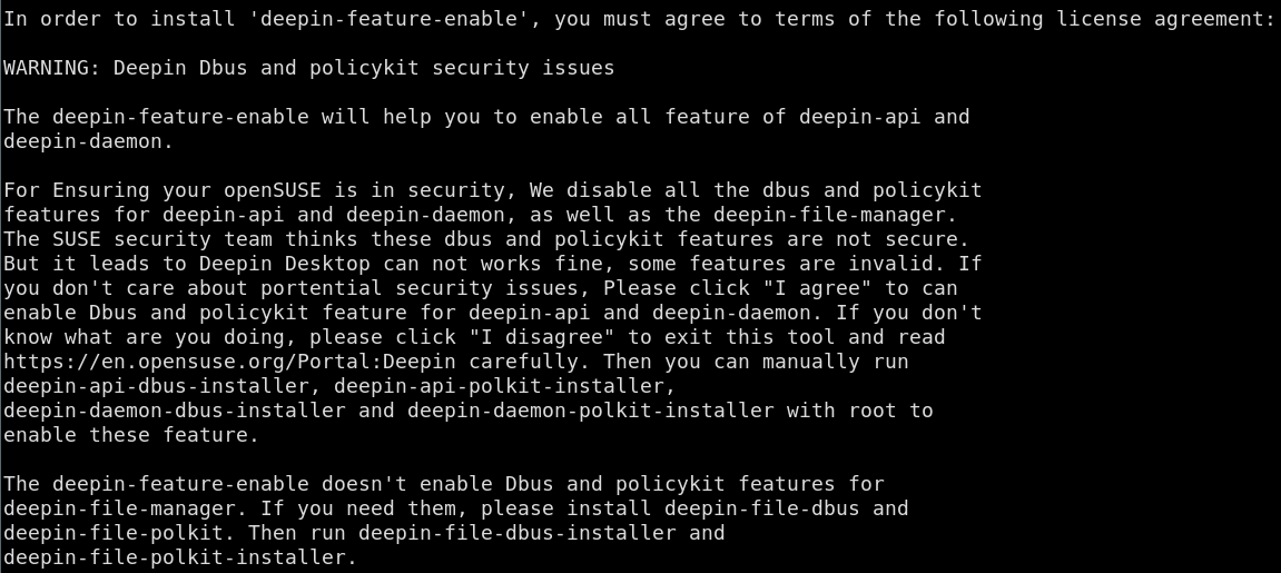 Uma captura de tela do contrato de licença para o pacote deepin-feature-enable no OpenSUSE