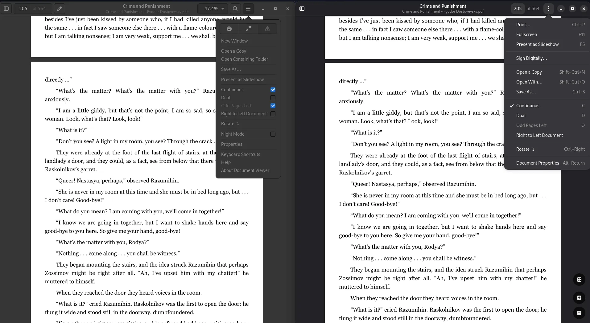 Uma captura de tela lado a lado de Evince e Papers com a mesma página de um e-book em PDF aberto