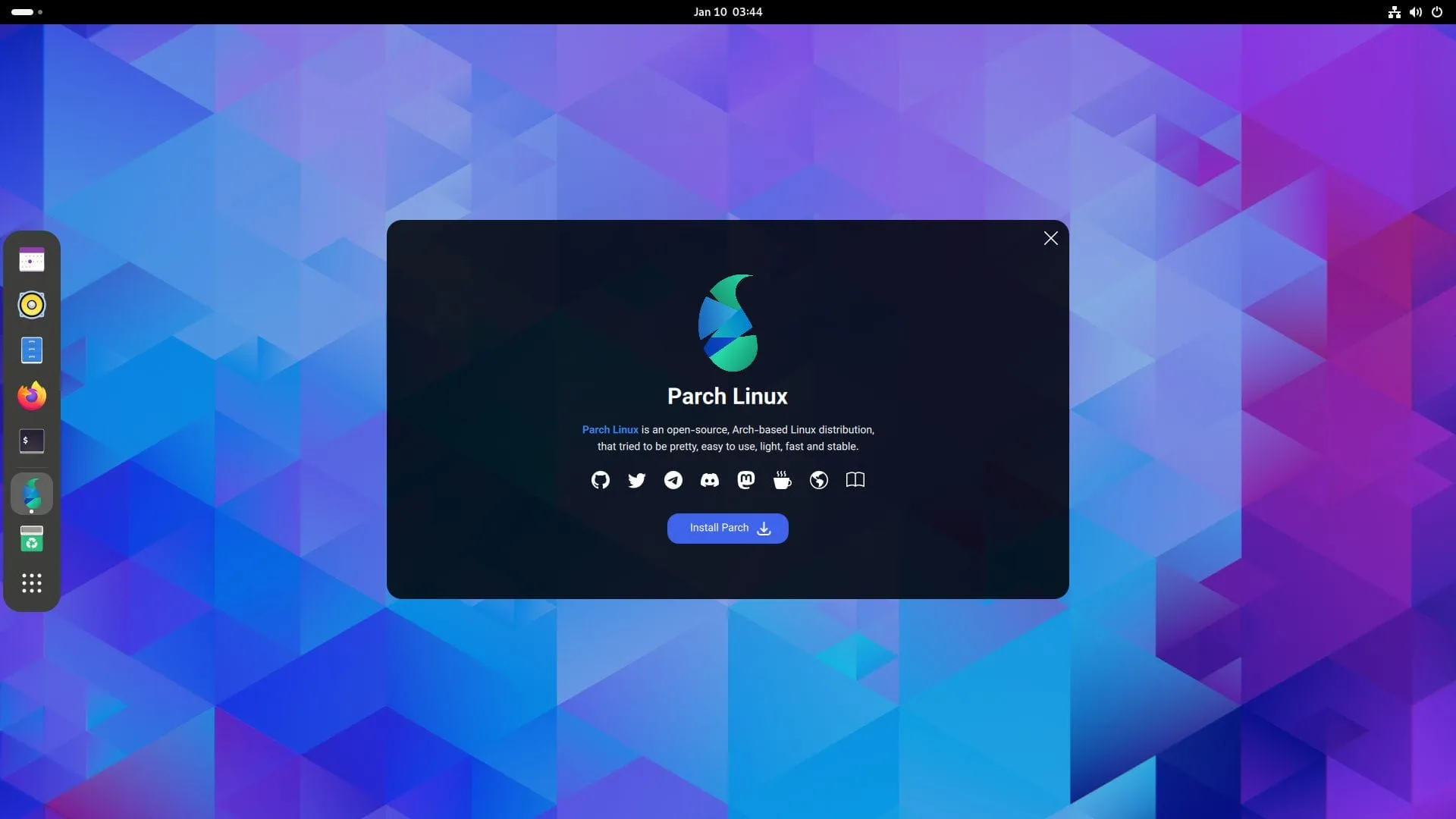 uma captura de tela do aplicativo de boas-vindas parch linux
