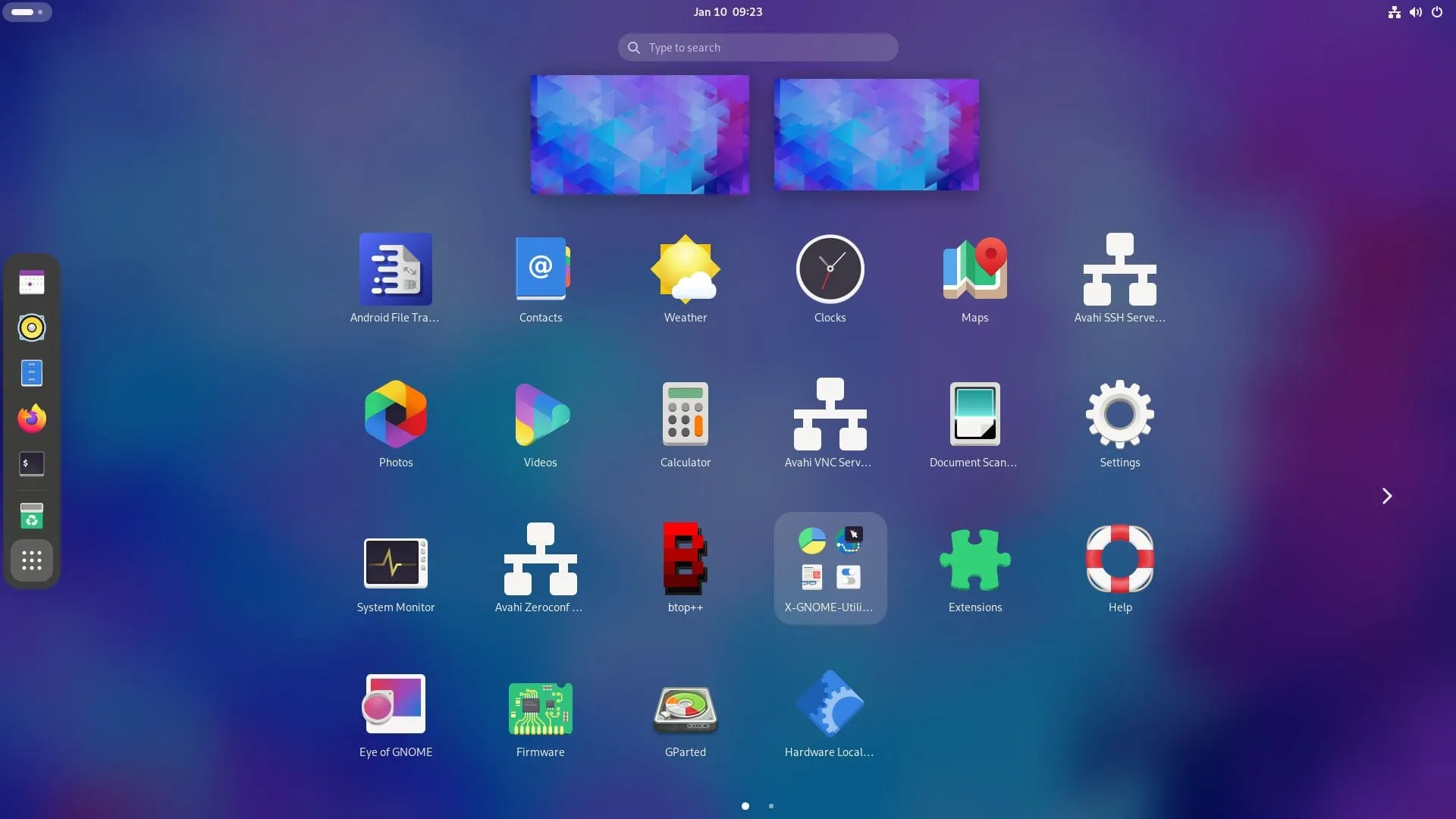 Uma captura de tela do Parch Linux Application Launcher no GNOME