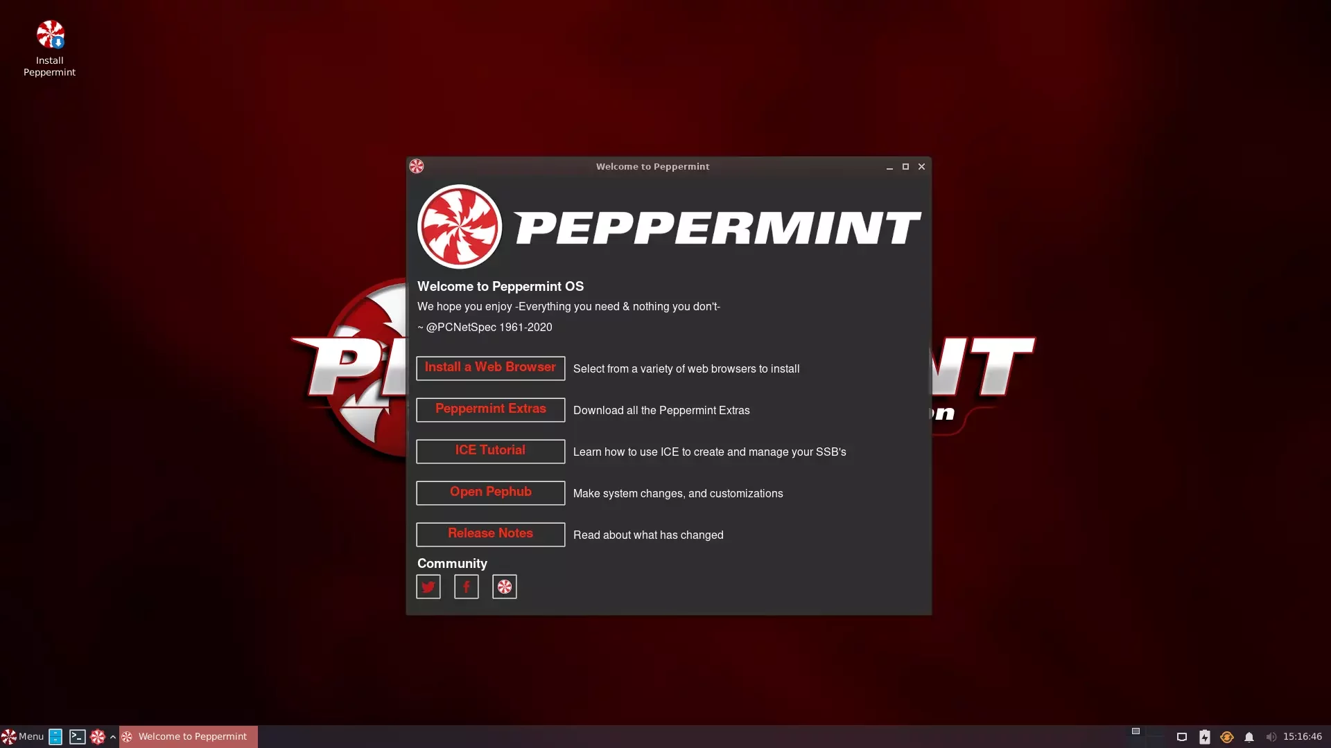 Janela de boas vindas do Peppermint OS 11
