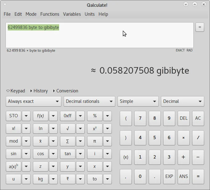 Conversão de byte para gibibyte