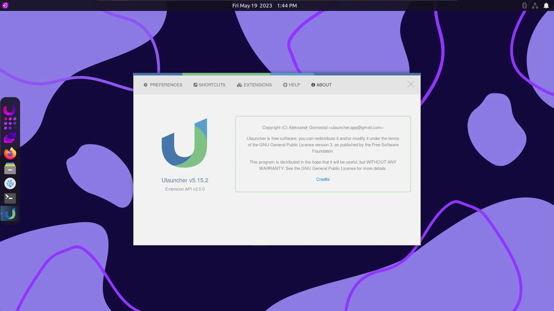 Uma captura de tela da seção Sobre do uLauncher no Rhino Linux