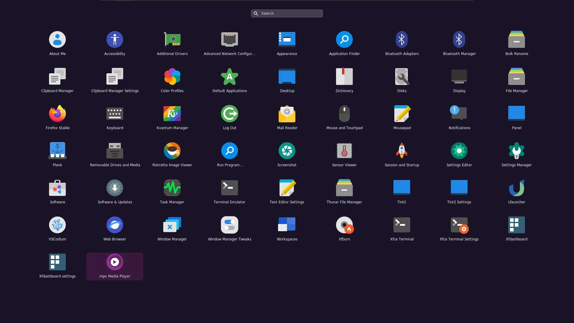Uma captura de tela da gaveta de aplicativos no Rhino Linux