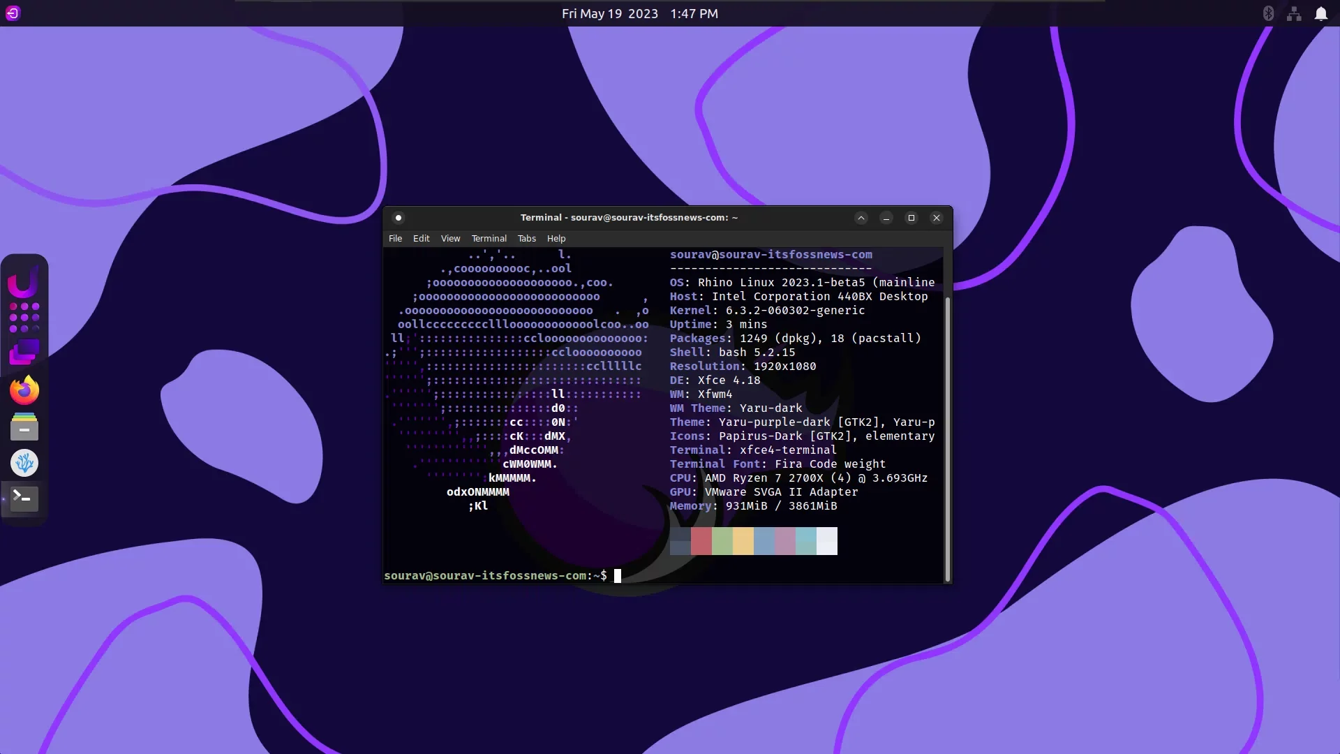 Uma captura de tela da saída Neofetch no Rhino Linux