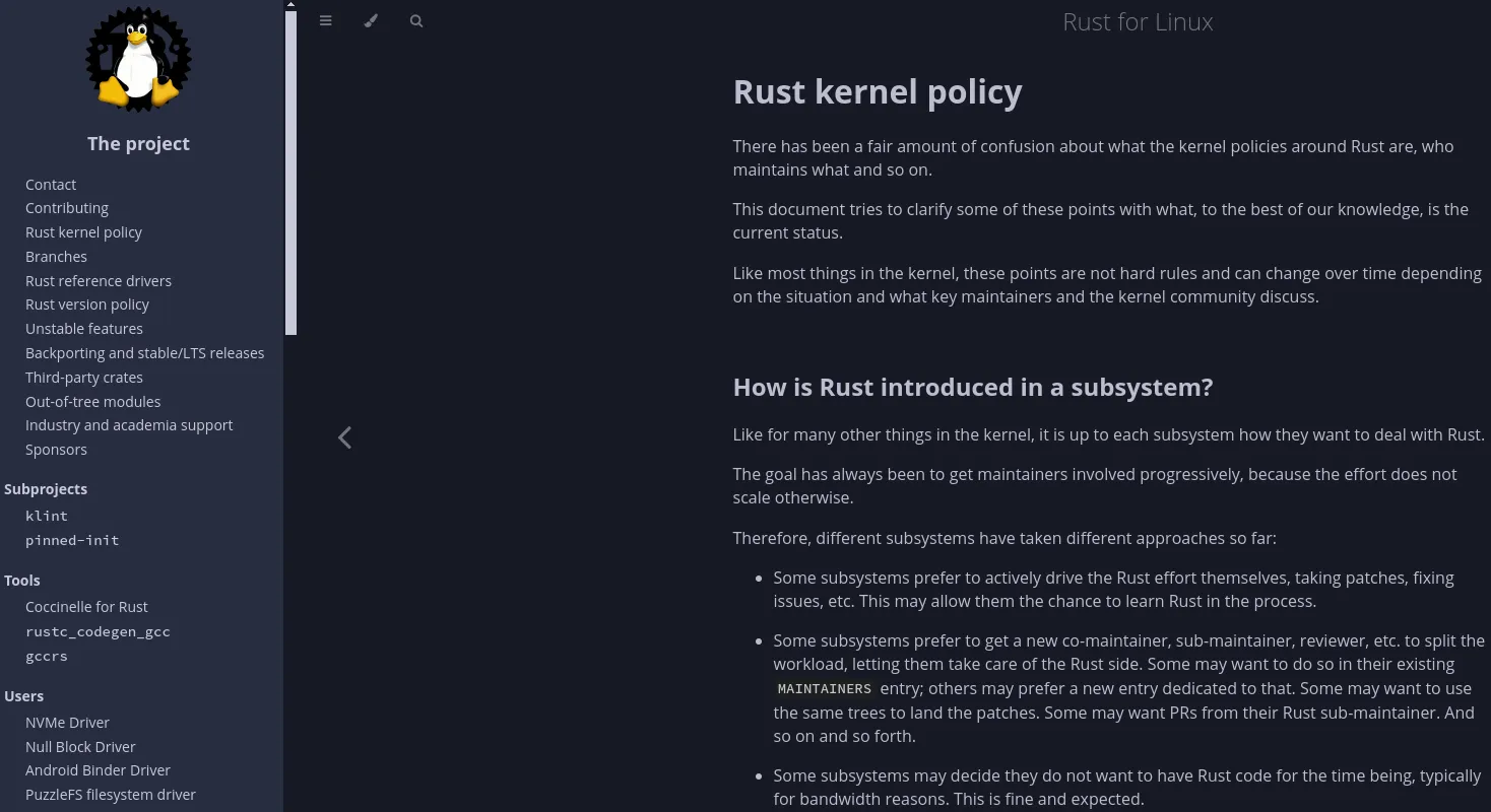 A foto consiste em muito texto com o título principal lendo a política do kernel Rust