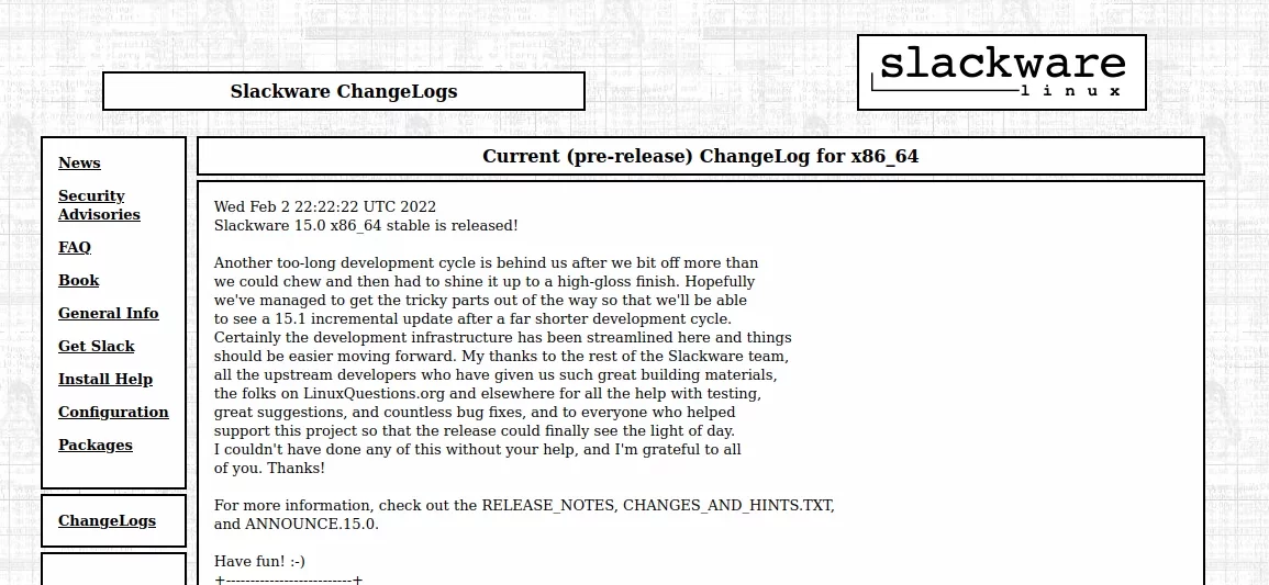 Anúncio do Slackware 15 em 02/02/2022 às 22h22m22