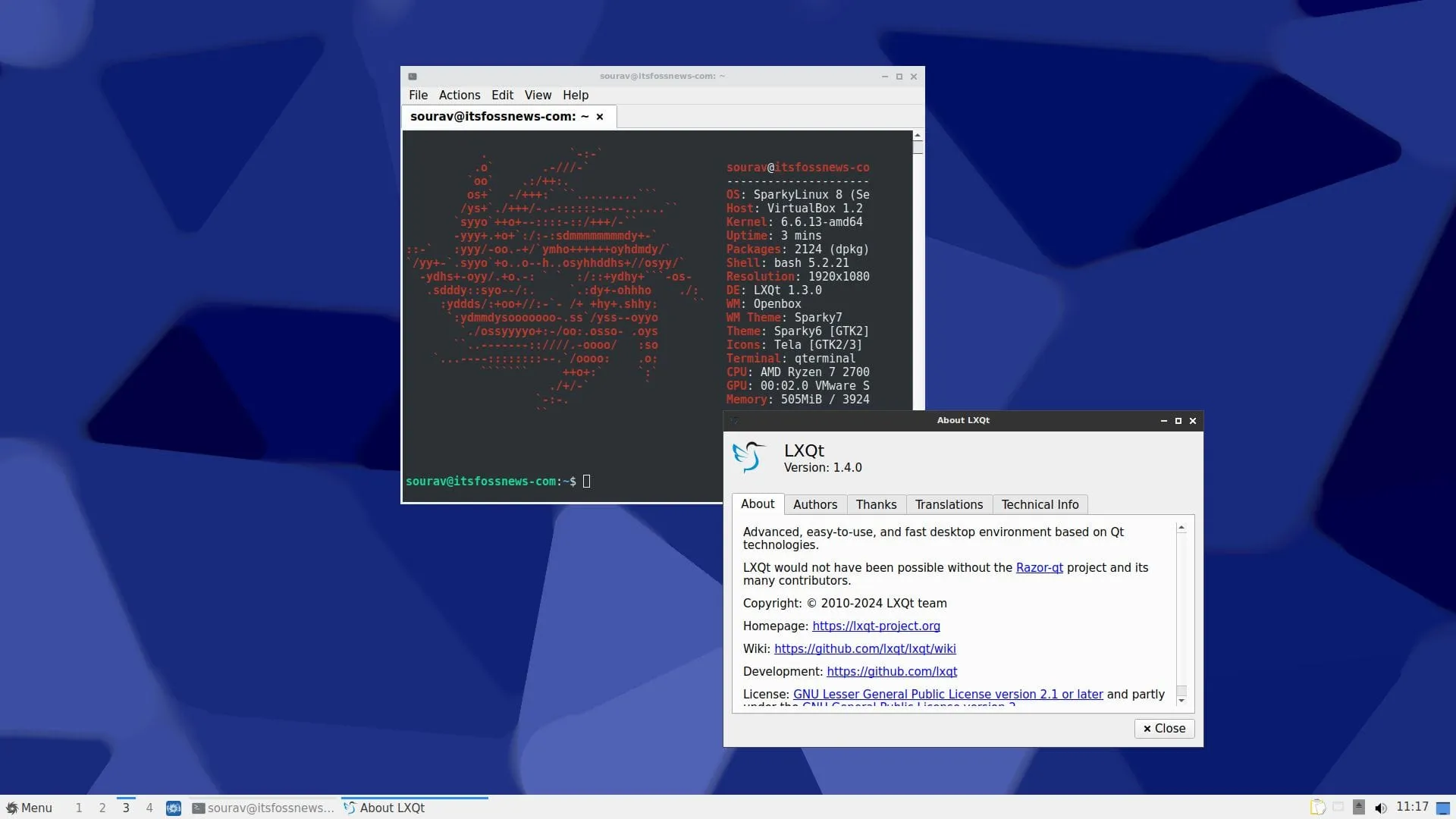 Uma captura de tela do SparkYlLinux 2024.02 com saída Neofetch e sobre o aplicativo LXQT aberto