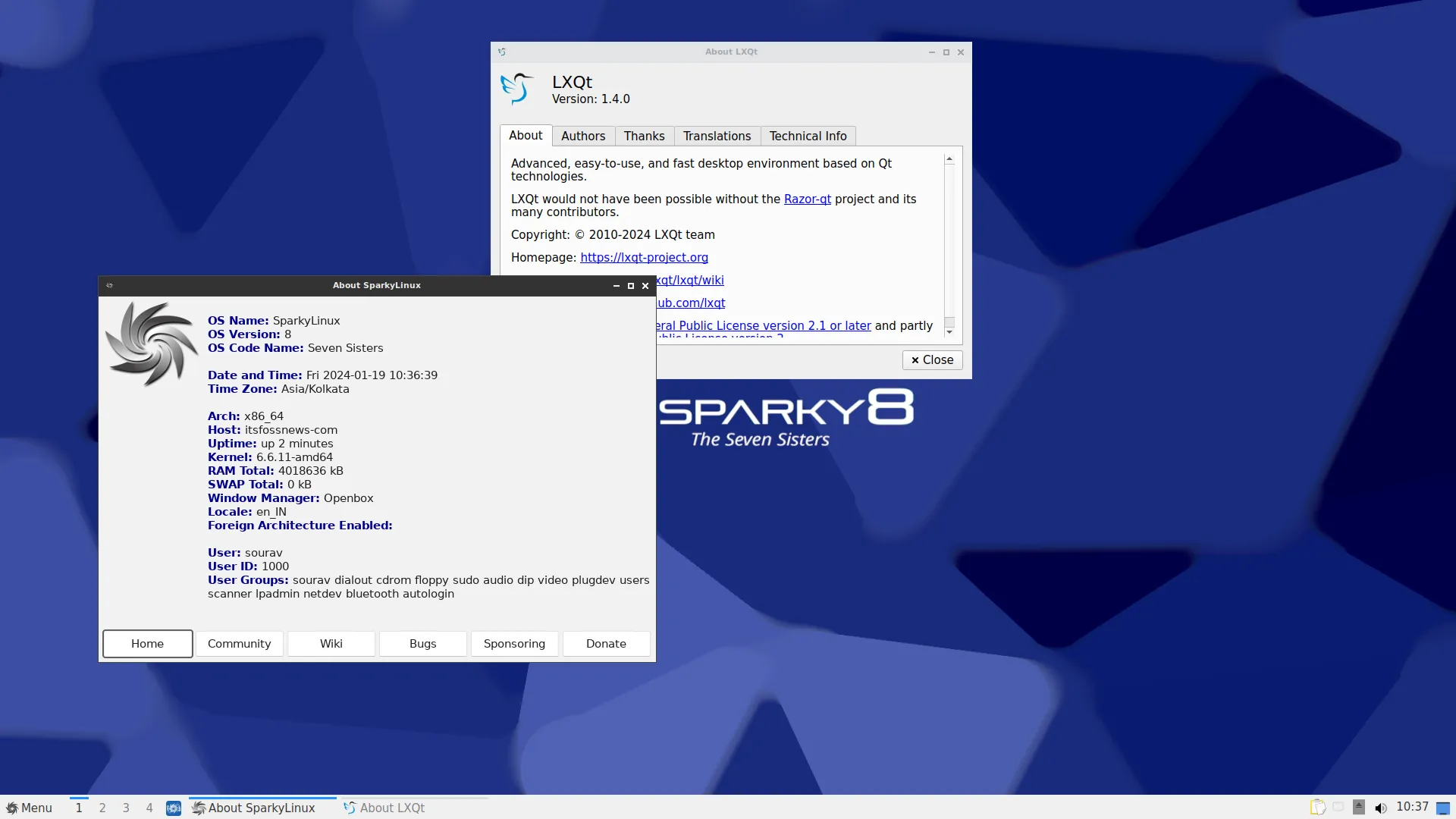 Uma captura de tela do Sparkylinux 2024.01 com as páginas sobre o sistema abertas