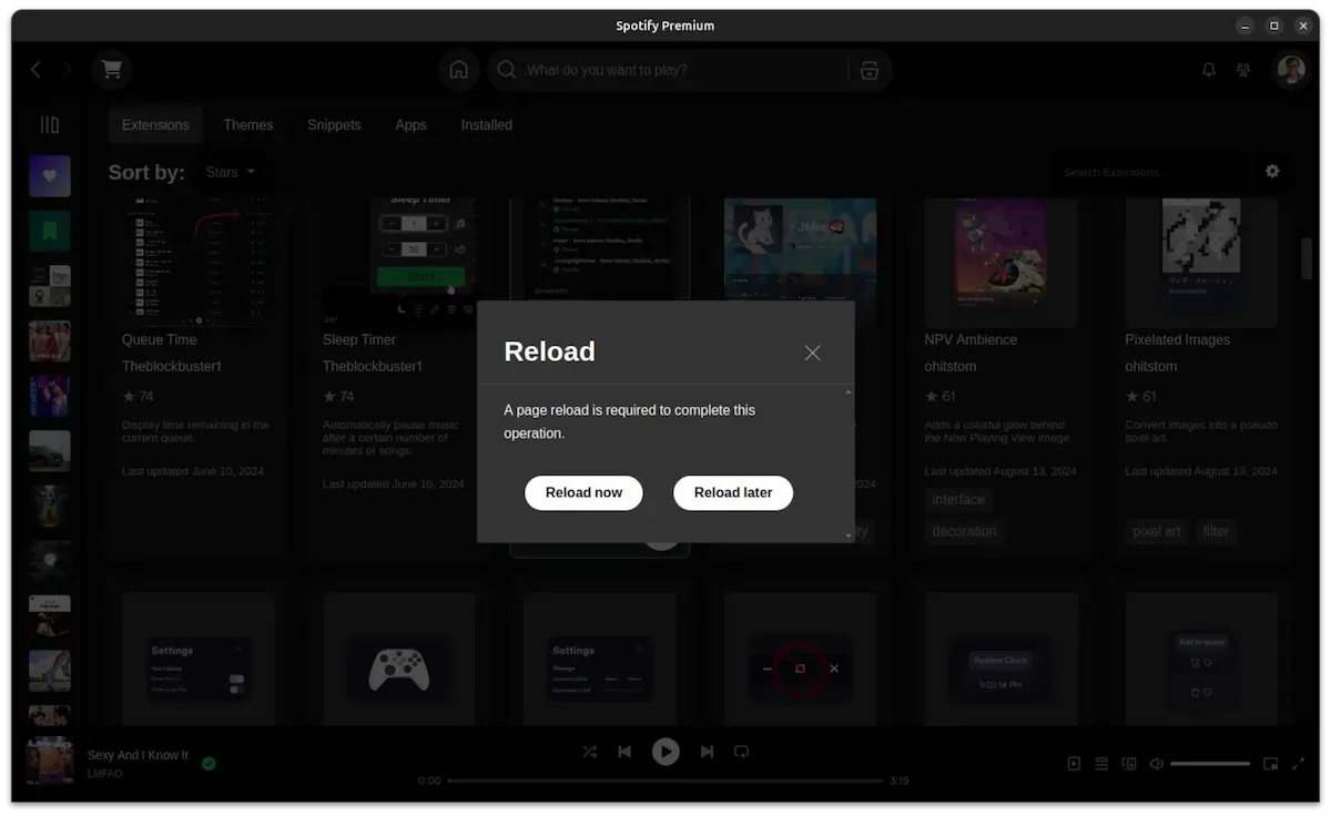 Recarregue o Spotify após instalar uma extensão do Spicetify