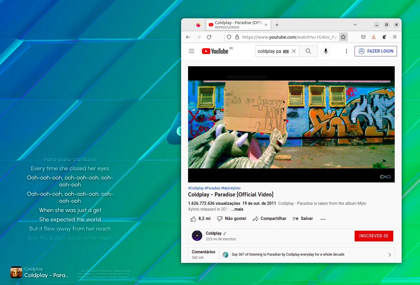 Sunamu mostrando informações de um clipe sendo executado no YouTube pelo Firefox