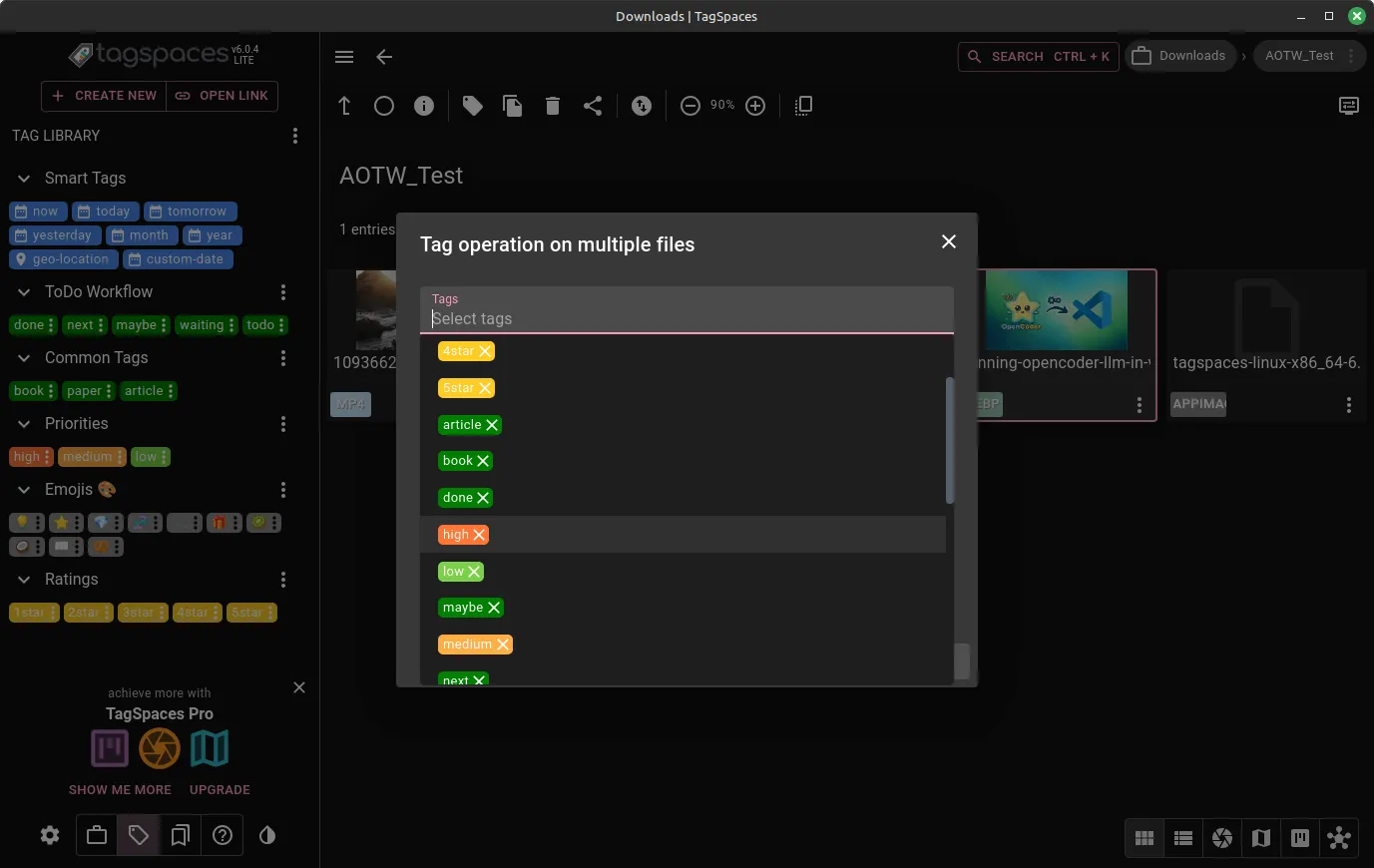 Uma captura de tela do recurso de marcação de arquivos do TagSpaces