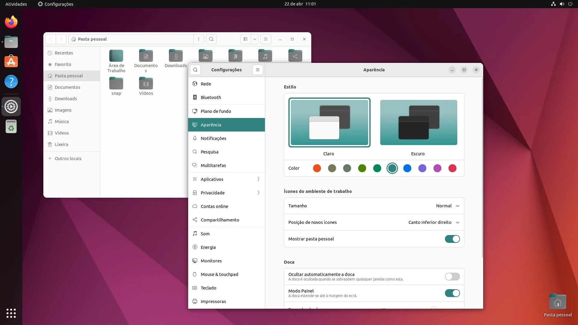 Escolhendo cores de destaque no Ubuntu 22.04