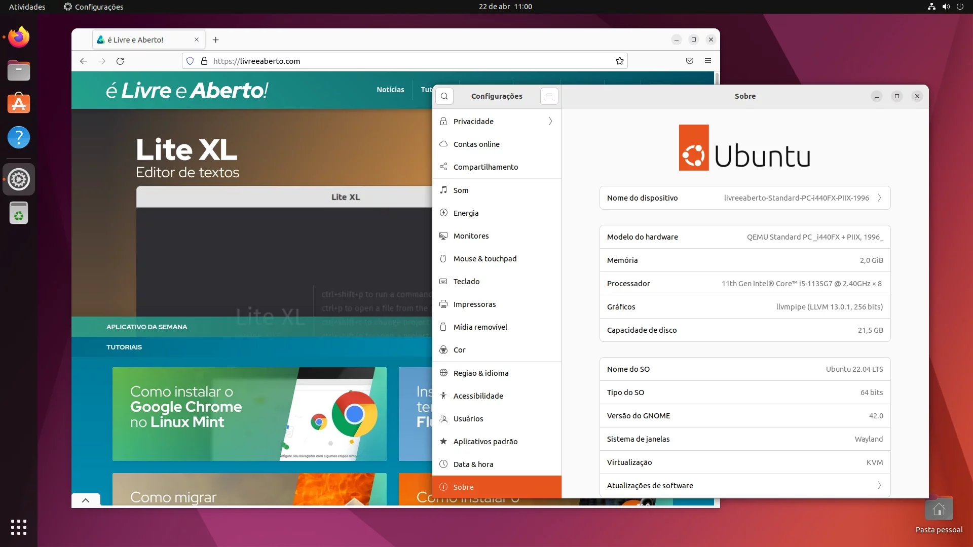 Tela do Ubuntu 22.04 com página do Livre e Aberto no navegador Firefox e janela de configurações mostrando informações do sistema