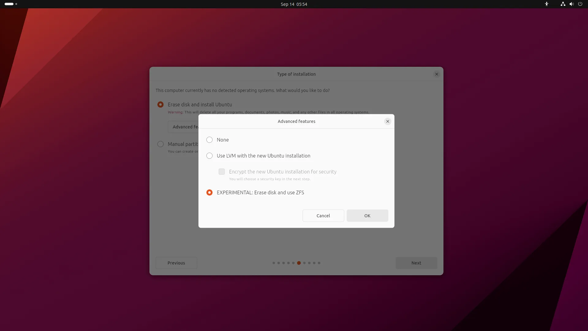 Uma captura de tela do suporte experimental ao ZFS no instalador do Ubuntu 23.10