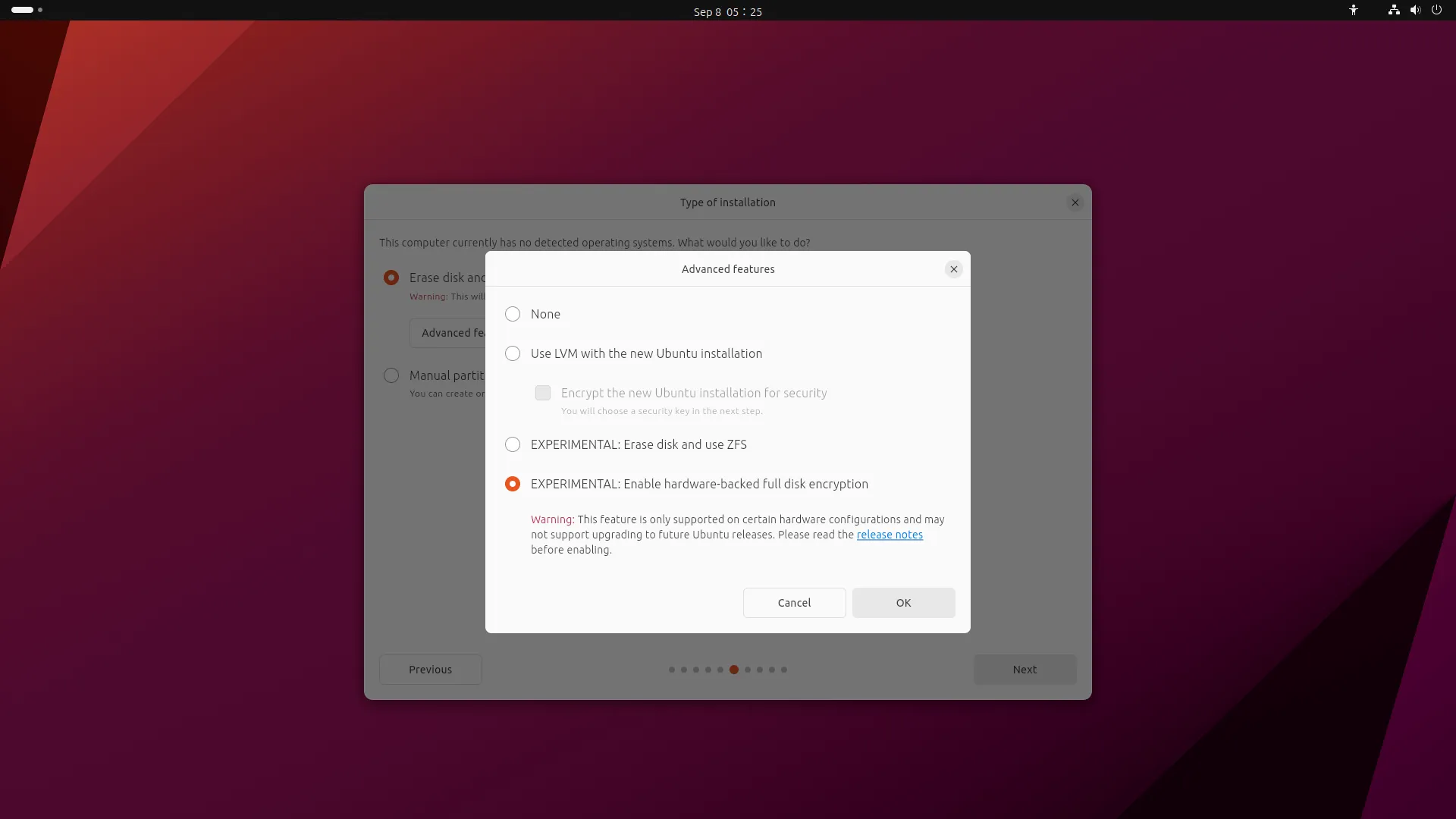Uma captura de tela do novo TPM com suporte de criptografia de disco completo no Ubuntu 23.10