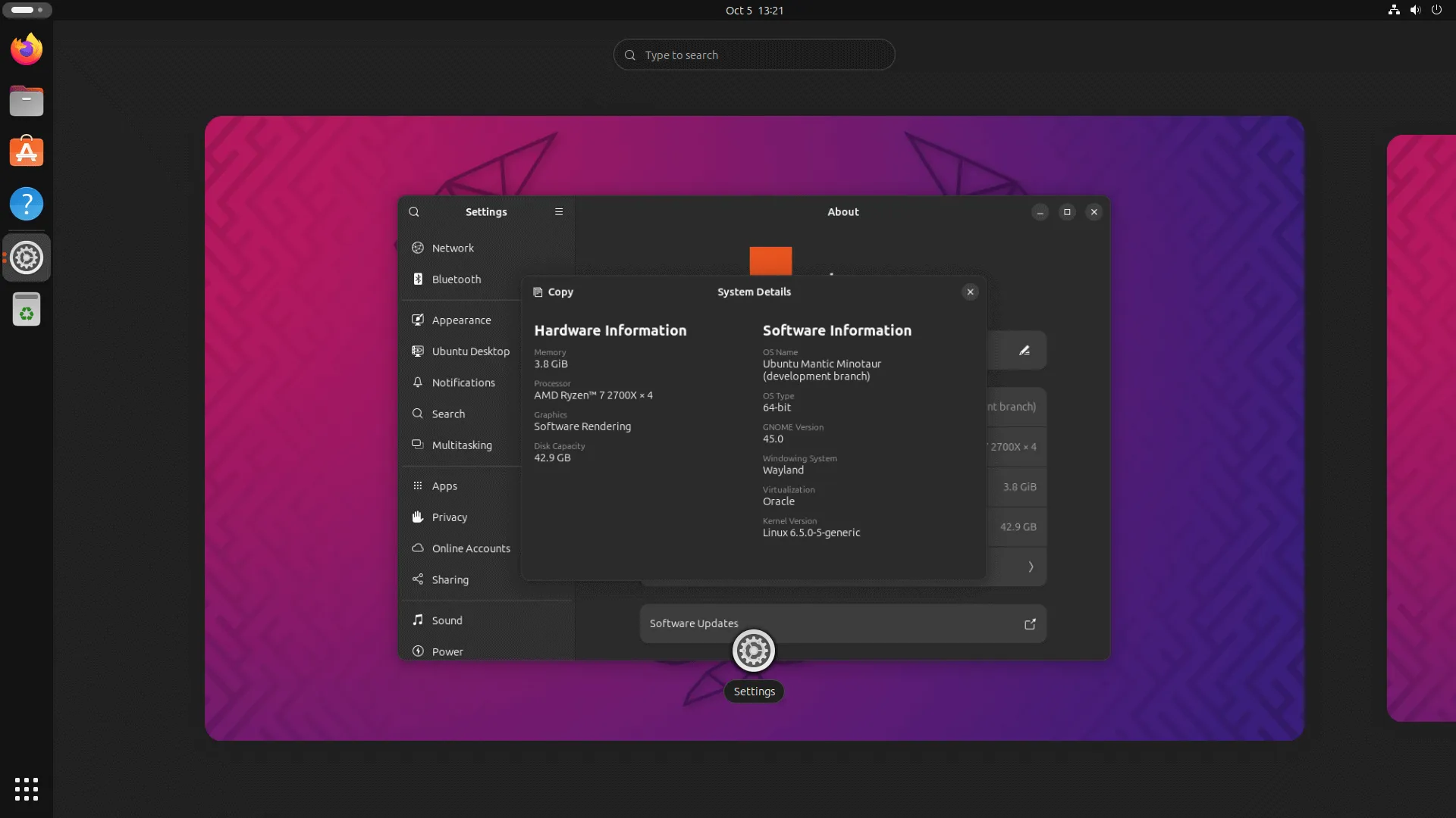 uma captura de tela de informações de software no Ubuntu 23.10